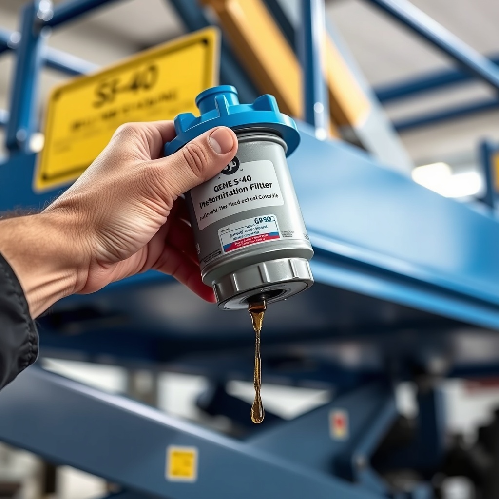 <clean photorealistic photo of a mechanic's hand removing the Genie S-40 hydraulic filter