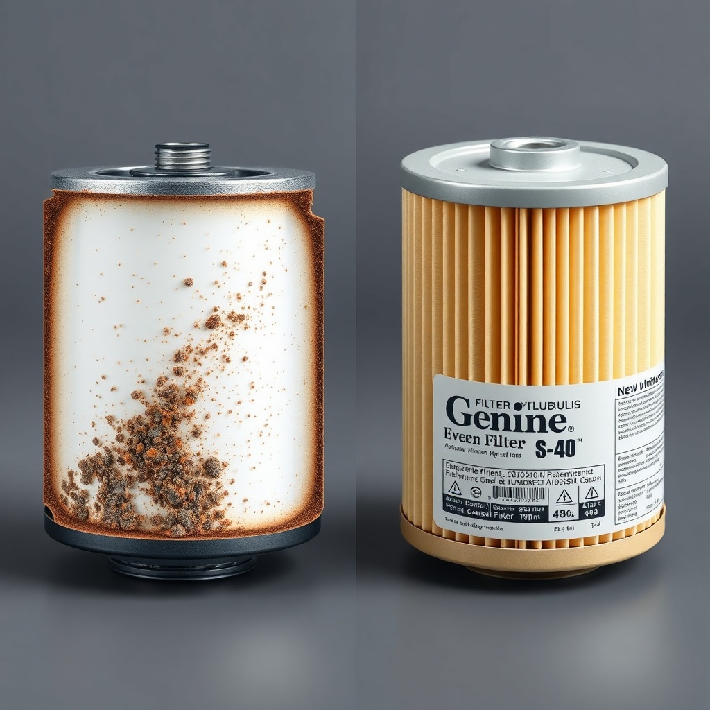 <clean photorealistic photo of a Genie S-40 hydraulic filter cut open showing accumulated