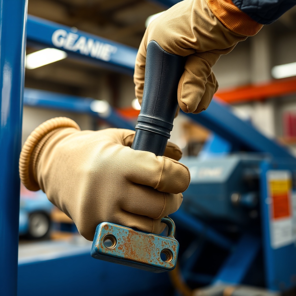 A photorealistic close-up of a Genie S-40 control joystick being inspected by a technician