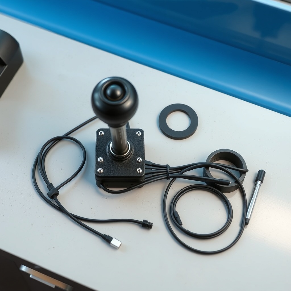 A photorealistic overhead shot of a Genie S-40 control joystick replacement kit laid out o