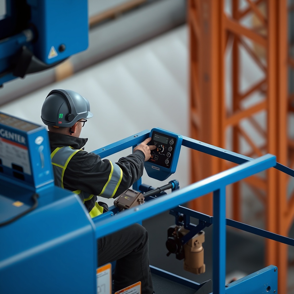 <clean photorealistic photo of a Genie S-40 operator using controls at height