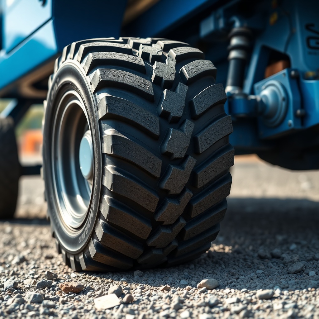 A photorealistic close-up of a Genie S-40's knobby off-road tire gripping uneven gravel te