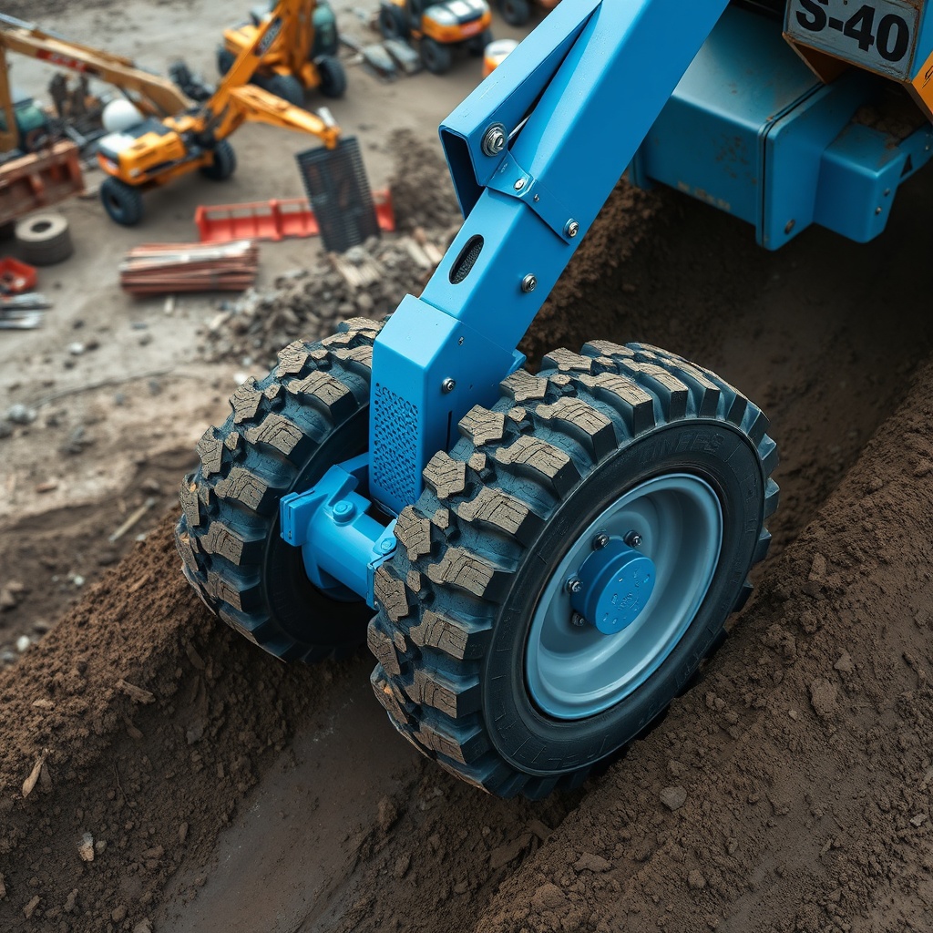 A photorealistic overhead shot of a Genie S-40 climbing a muddy incline