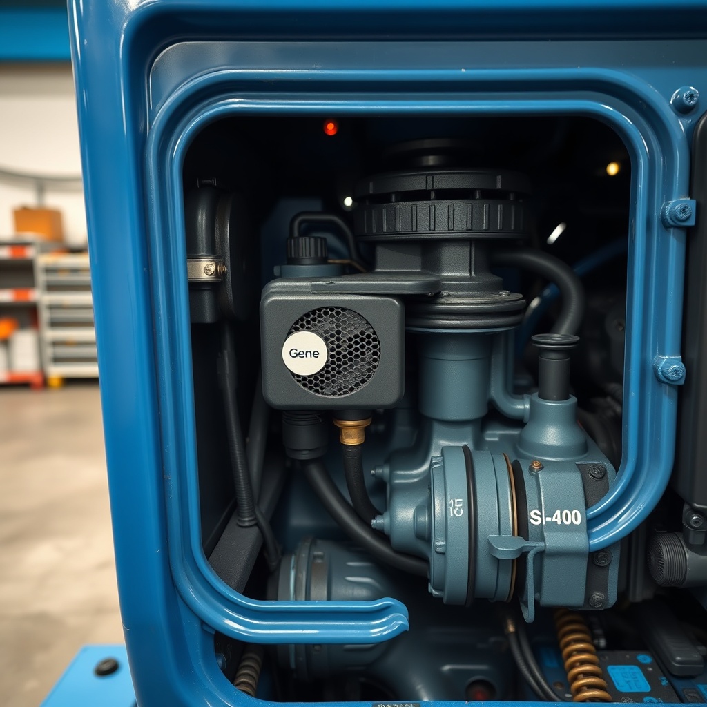 Photorealistic close-up of a Genie S-40 engine bay with an oil filter and dipstick visible
