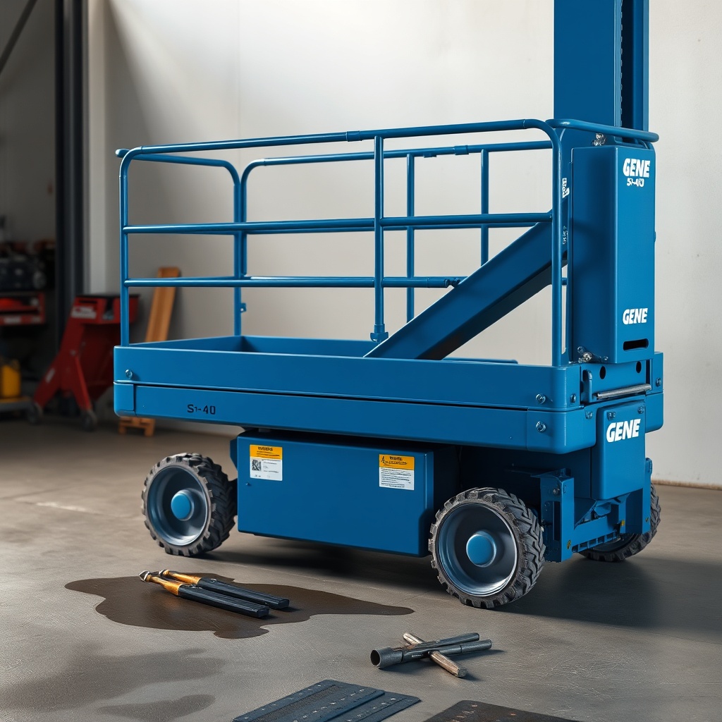 Photorealistic side view of a Genie S-40 lifting platform with visible oil stains and mech