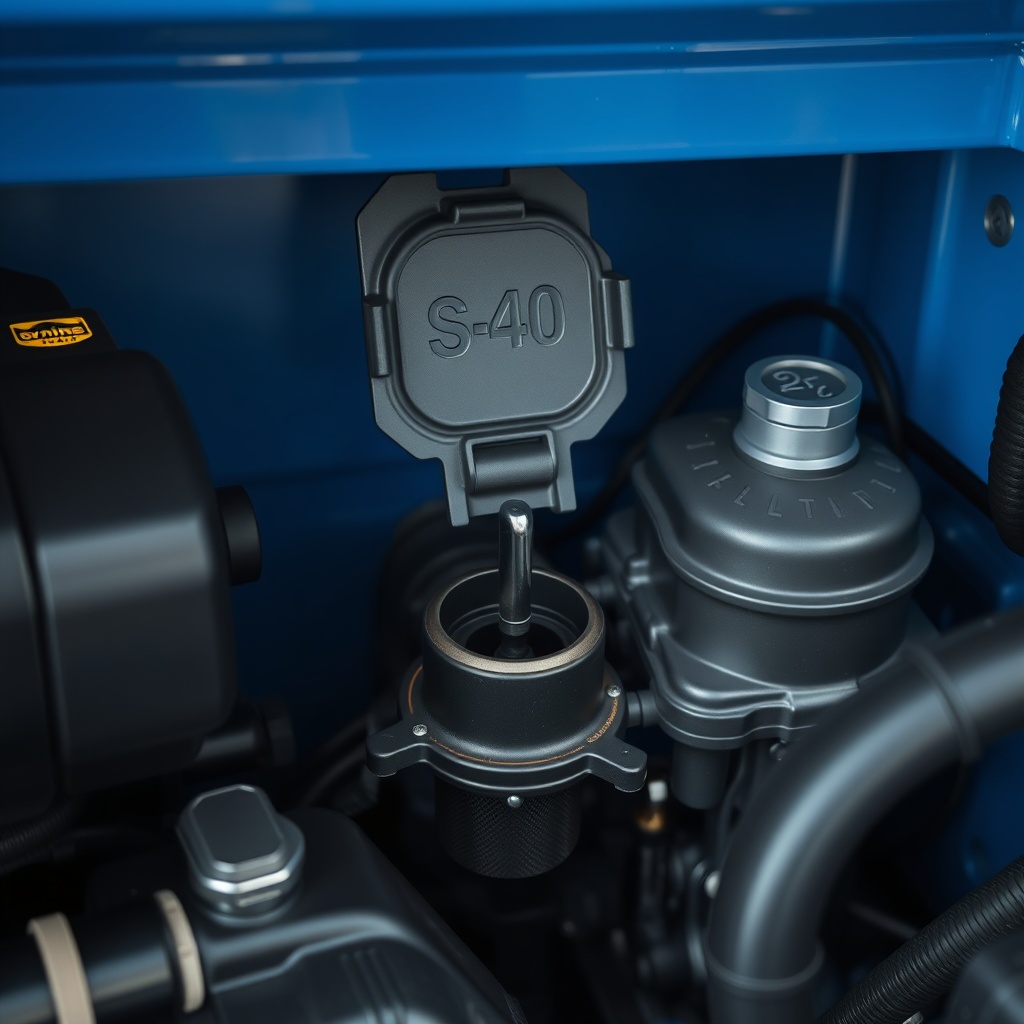 A clean photorealistic photo of a Genie S-40 engine compartment with open oil filler cap a