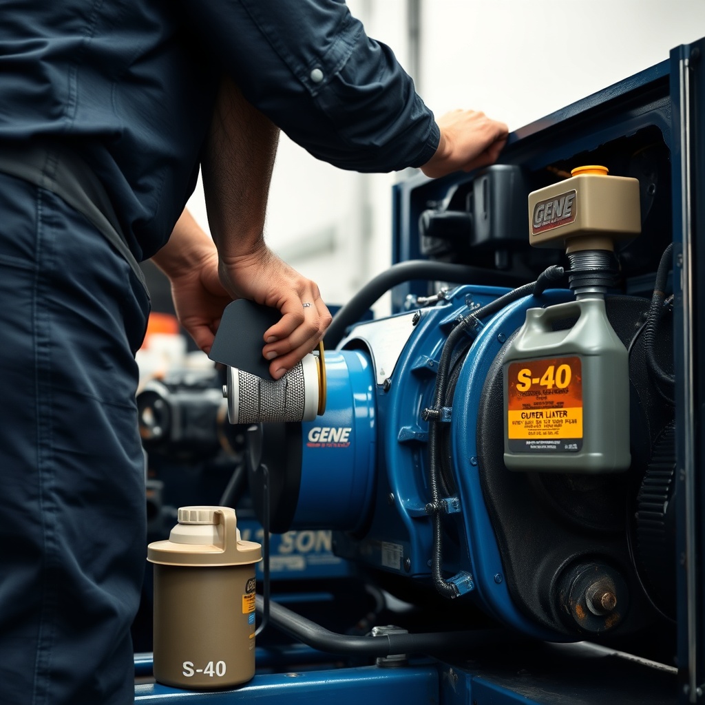 A photorealistic photo of a mechanic performing oil change on Genie S-40 engine