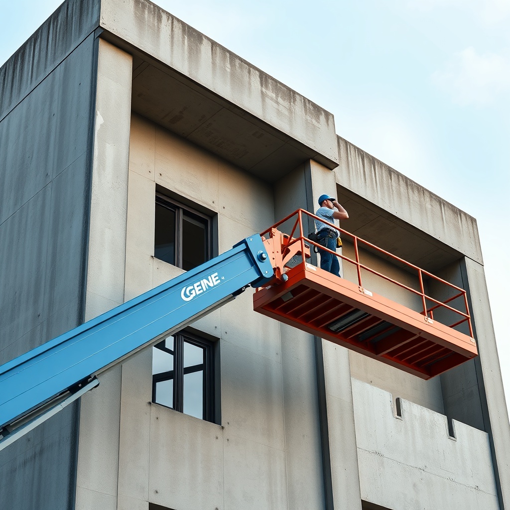 A photorealistic top-down view of a Genie S-40 boom lift extending to its full 12-meter he