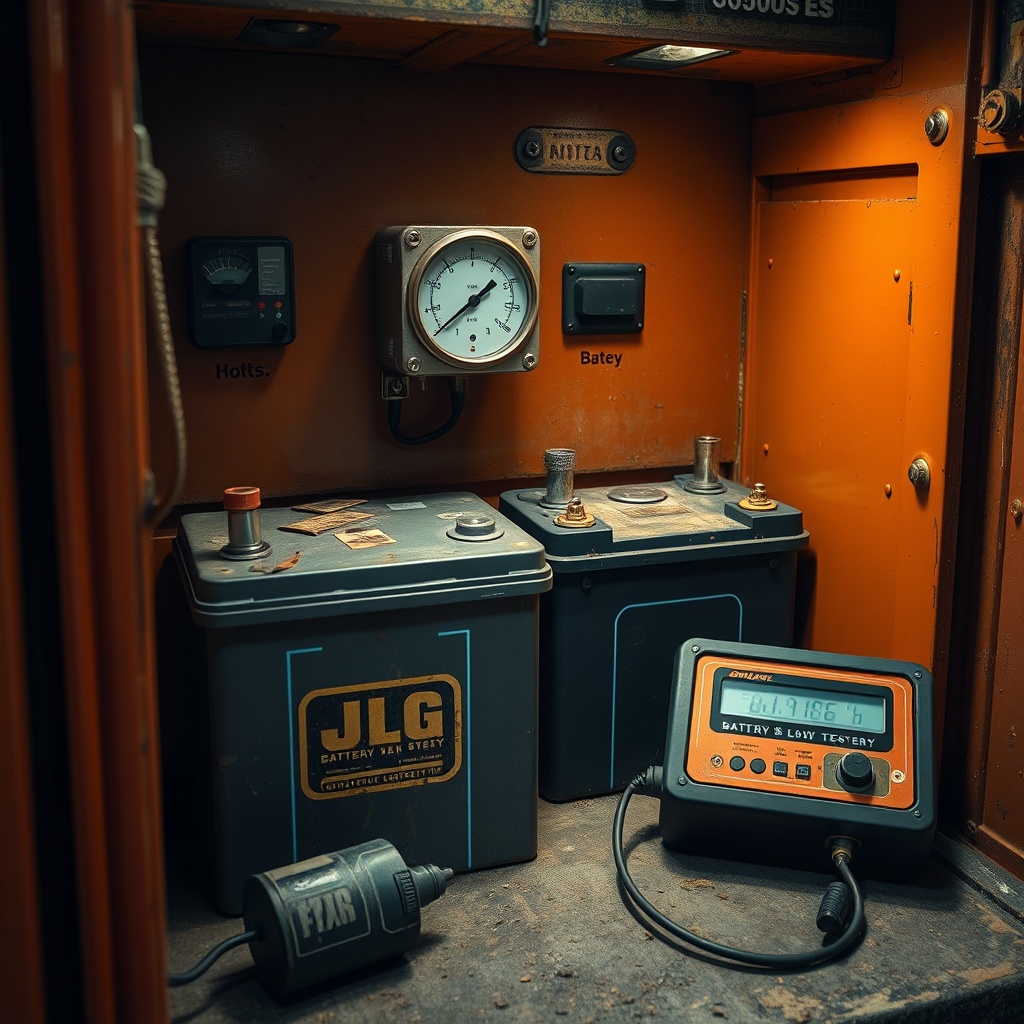 A close-up photorealistic photo of a JLG 1930ES battery compartment
