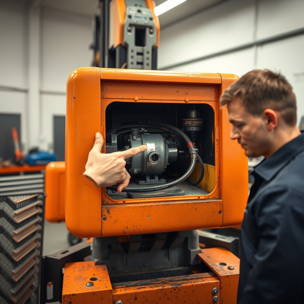 A photorealistic photo of a maintenance technician inspecting a JLG 1930ES in a service ba