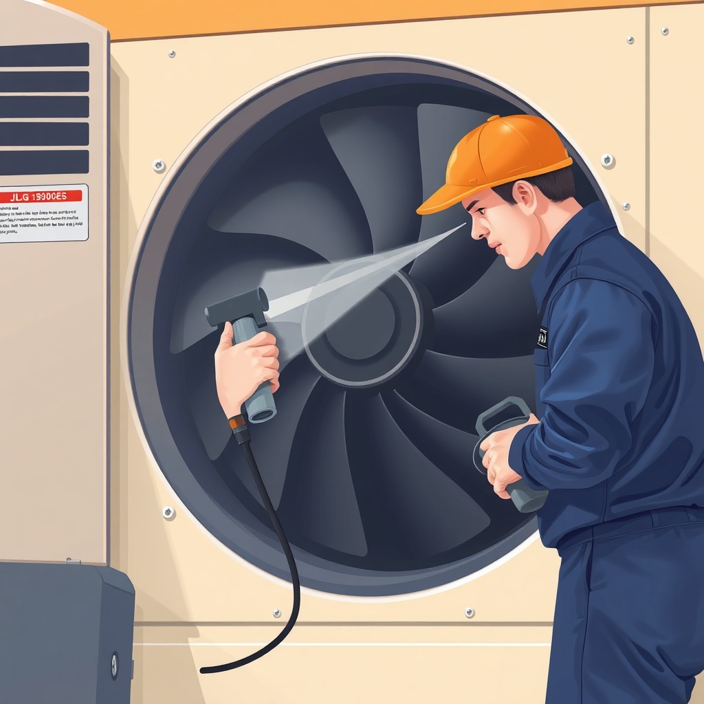 A photorealistic illustration of a technician cleaning the cooling fan and vents of JLG 19