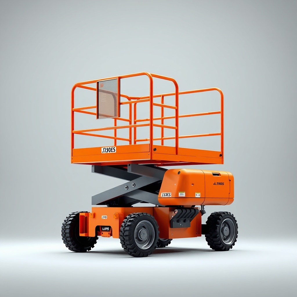 <clean photorealistic photo/illustration of JLG 1930ES platform sepet içinden operatörün g