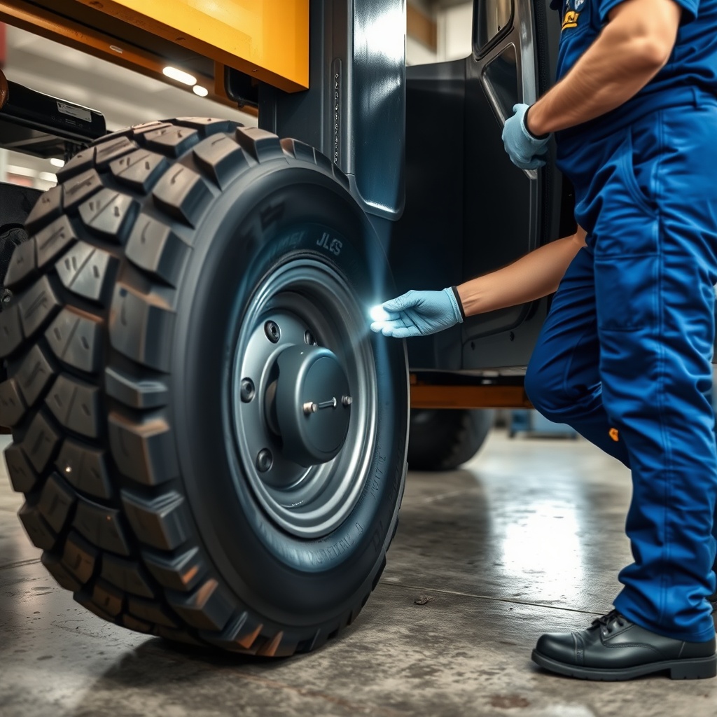 <A mechanic wearing blue overalls and safety gloves