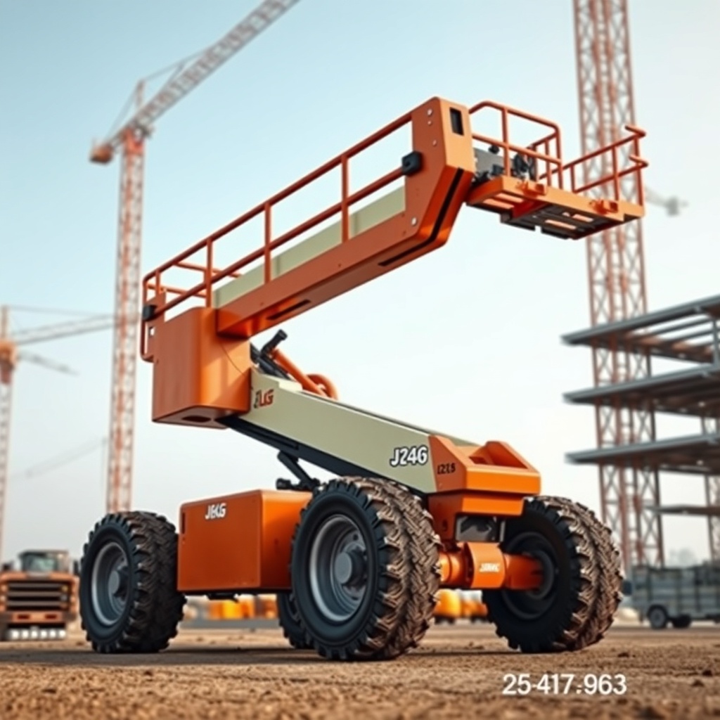 <clean photorealistic photo/illustration of JLG 2646ES with rugged terrain tires on a cons