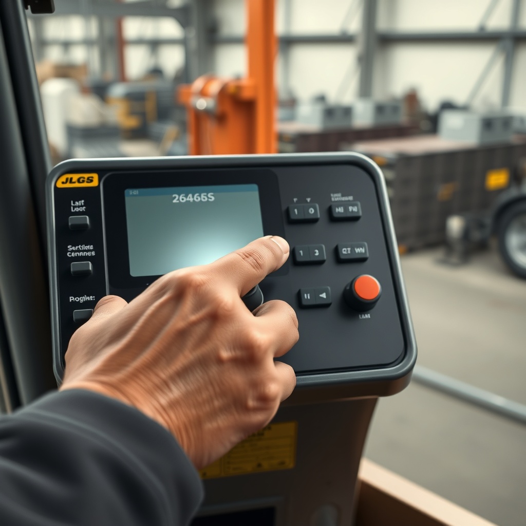 A clean photorealistic close-up of a JLG 2646ES joystick control panel with an operator's