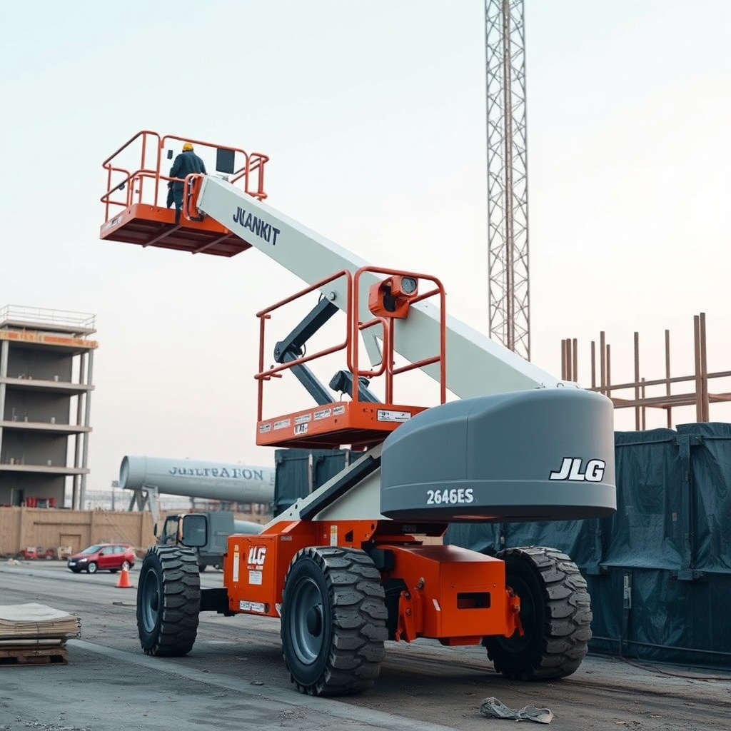 A photorealistic photo of a JLG 2646ES working on a construction site with an operator in