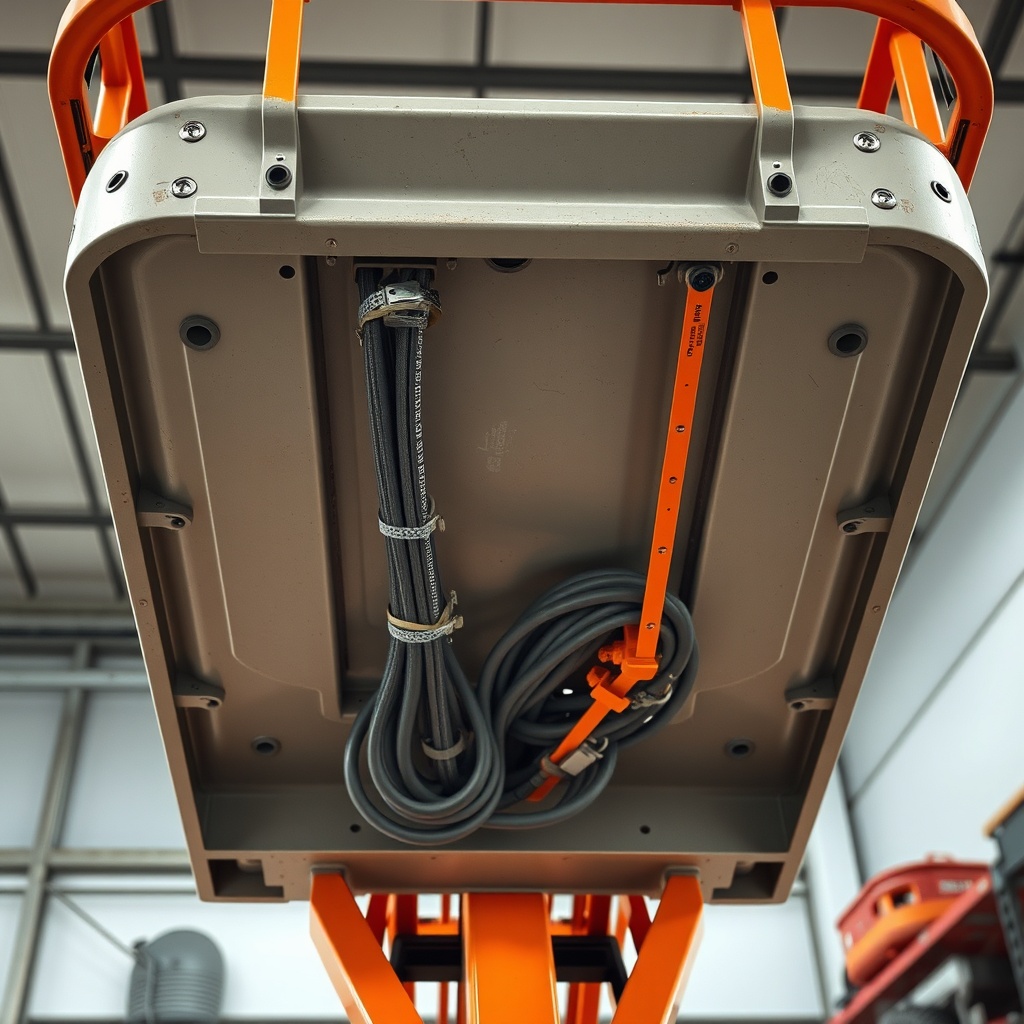 <clean photorealistic photo/illustration of the underside of a JLG 2646ES basket