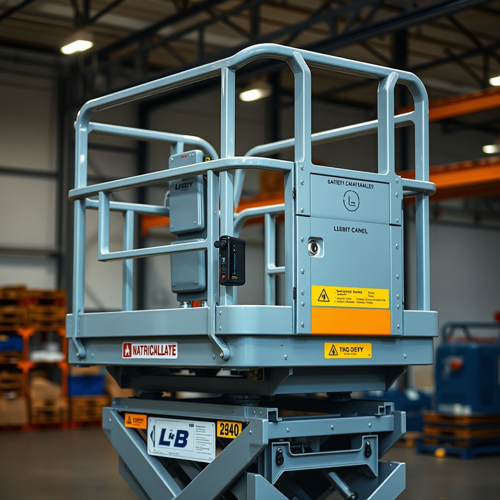 A photorealistic photo of a JLG 2646ES platform basket with safety rails and control panel