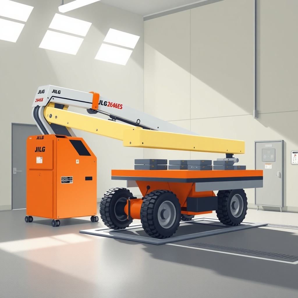A photorealistic illustration of a JLG 2646ES undergoing a load test with weights on the p