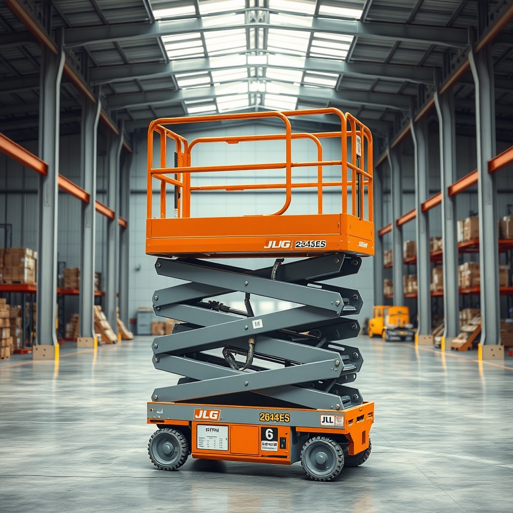 A clean photorealistic photo of a JLG 2646ES electric scissor lift in a warehouse environm