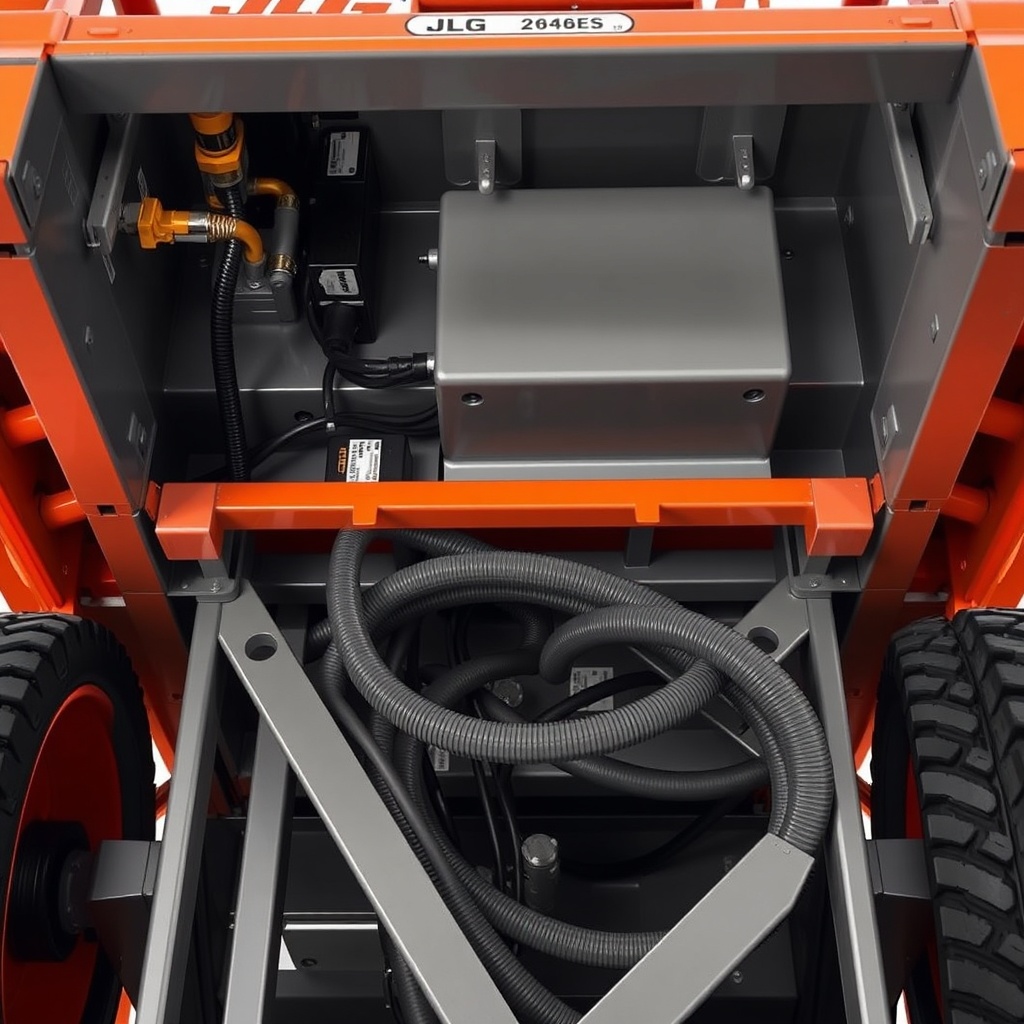 A photorealistic photo showing an undercarriage view of a JLG 2646ES scissor lift