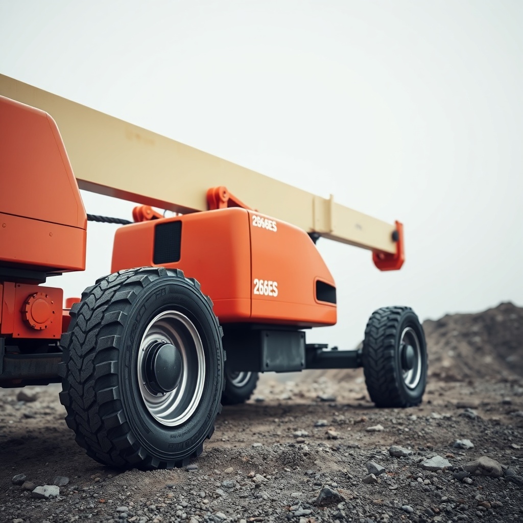 <clean photorealistic photo of JLG 2646ES on rough terrain