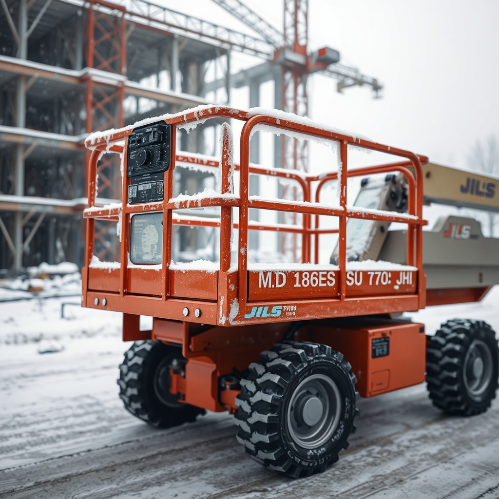 <photorealistic photo of JLG 2646ES working in snowy construction site
