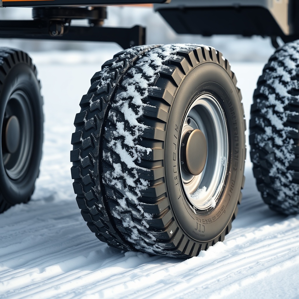 <photorealistic photo of JLG 2646ES tires in snowy ground