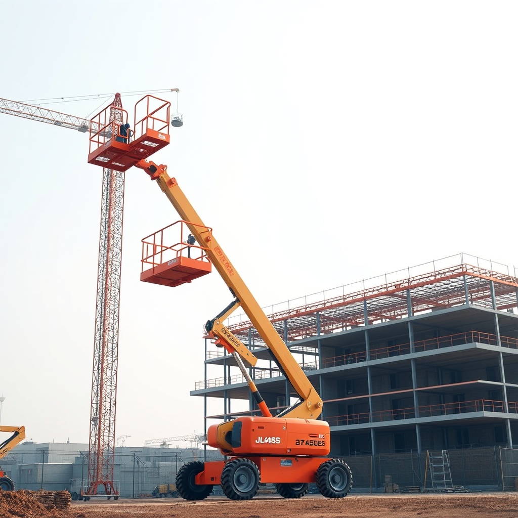 <clean photorealistic photo of JLG 2646ES reaching full height at a construction site