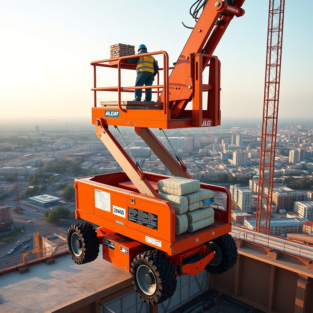 <clean photorealistic photo of JLG 2646ES carrying a worker and materials at mid-height wi